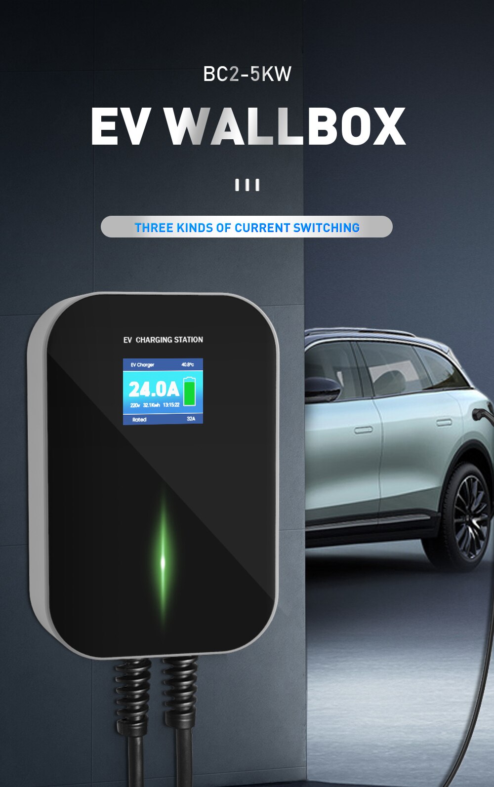 Estación de carga para vehículos eléctricos, cargador Ev Tipo 2 EVSE Wallbox, interruptor de corriente 10A / 16A / 24A IEC 621962