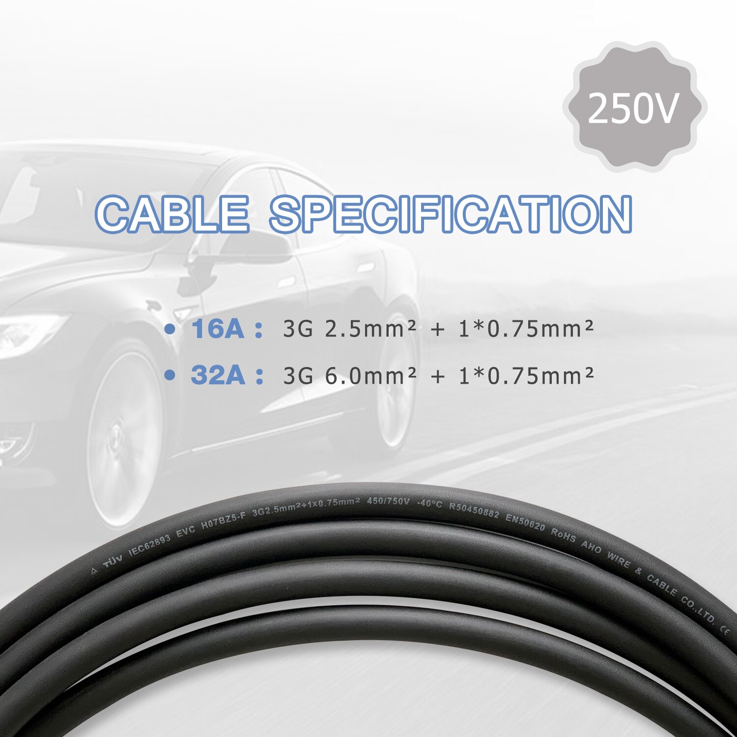 Cable cargador Ev monofásico de 16A 32A, conector tipo 2a tipo 2 para estación de carga de coche, enchufe hembra a macho