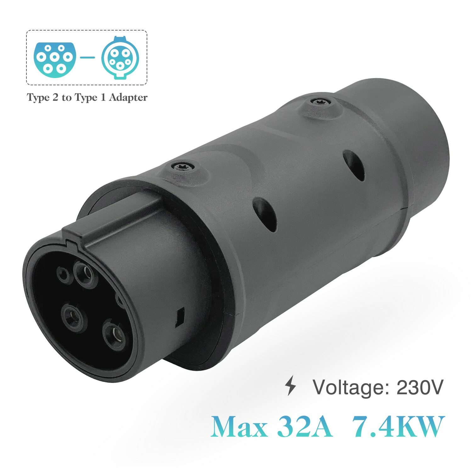 Barril adaptador IEC 62196 tipo 2a J1772 tipo 1, cargador de coche eléctrico lateral, estación de carga 32A EV Barril adaptador IEC 62196 tipo 2a J1772 tipo 1, cargador de coche eléctrico lateral, estación de carga 32A EV