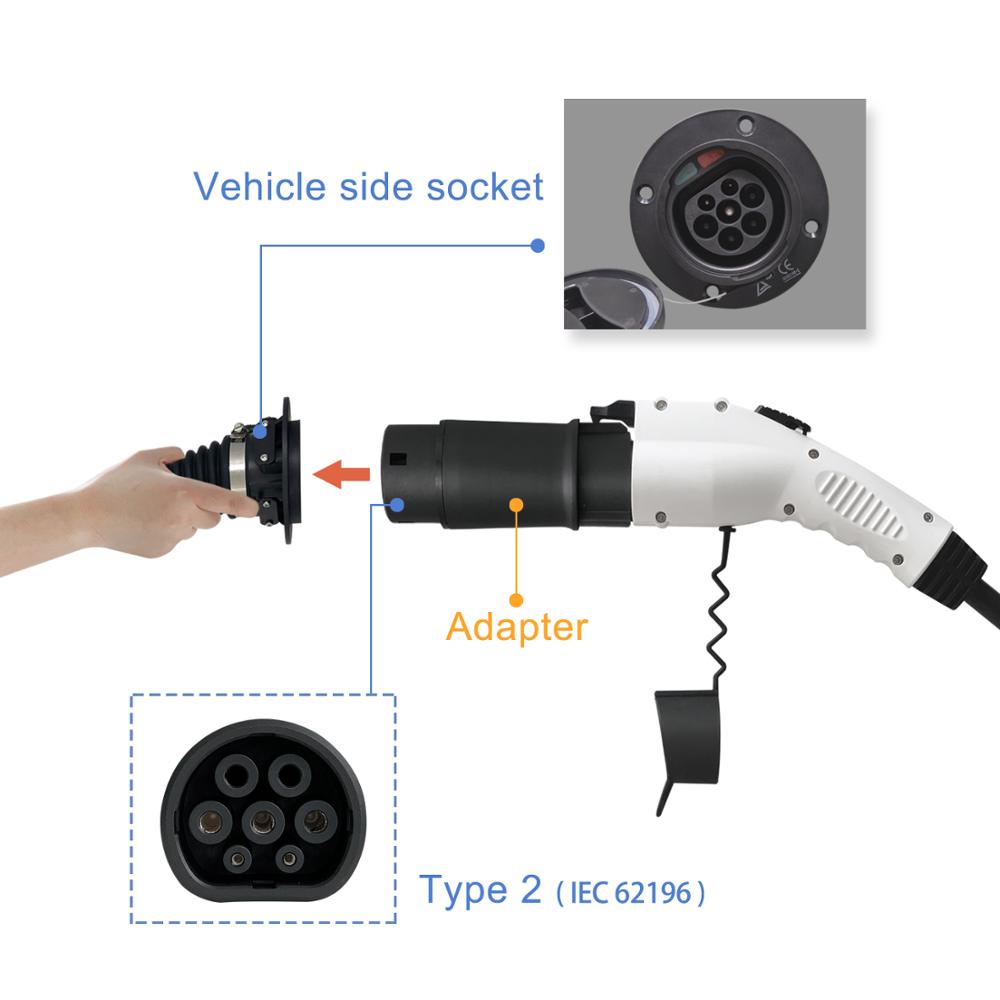 Barril adaptador J1772 tipo 1 a IEC 62196 tipo 2, estación de carga del conector del cargador EV para coches eléctricos laterales, 32A Barril adaptador J1772 tipo 1 a IEC 62196 tipo 2, estación de carga del conector del cargador EV para coches eléctricos laterales, 32A