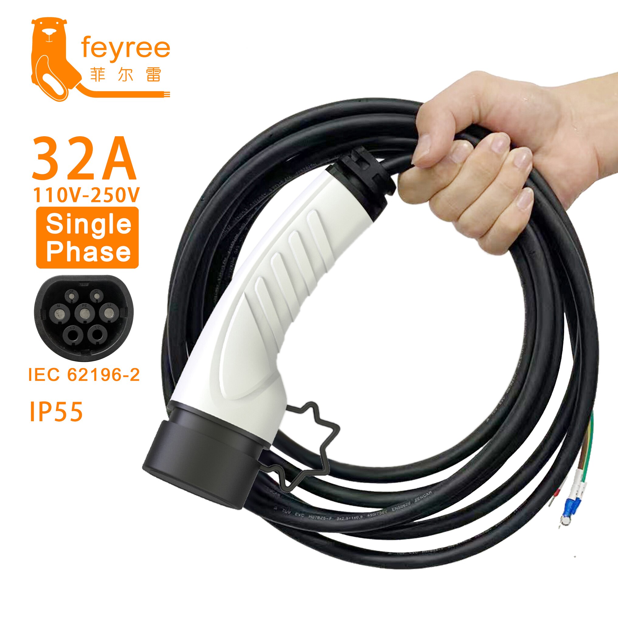 Feyree-enchufe de cargador EV para vehículo eléctrico, Cable tipo 2 16A, 1 fase, estación de carga, 3 fases, 11kW, 22kW, Cable de IEC62196-2