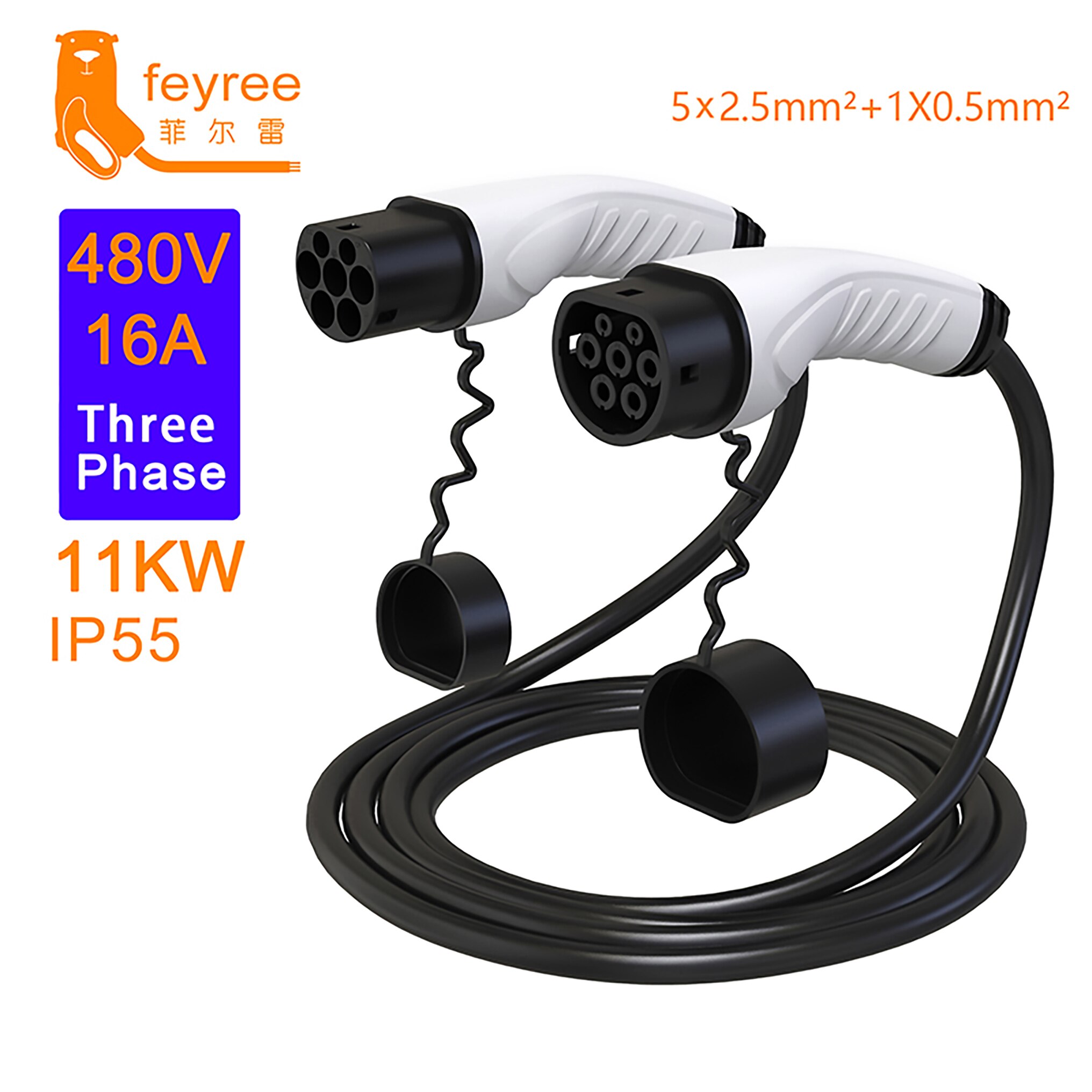 Feyree-enchufe de cargador EV para vehículo eléctrico, Cable tipo 2 16A, 1 fase, estación de carga, 3 fases, 11kW, 22kW, Cable de IEC62196-2