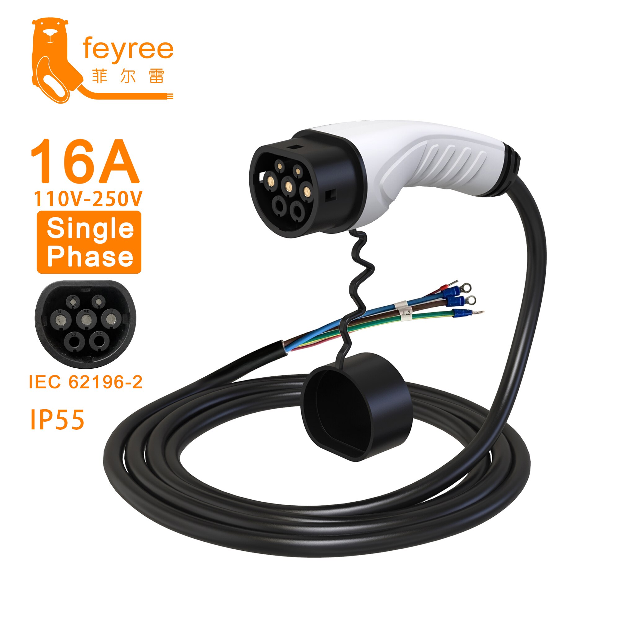 Feyree-enchufe de cargador EV para vehículo eléctrico, Cable tipo 2 16A, 1 fase, estación de carga, 3 fases, 11kW, 22kW, Cable de IEC62196-2