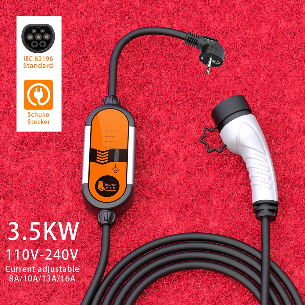 Feyree-cargador EV portátil para coche eléctrico, Cable de carga EV tipo 2, IEC62196-2, 16A, EVSE, tipo 1, SAE, J1772, controlador de enchufe europeo, Wallbox