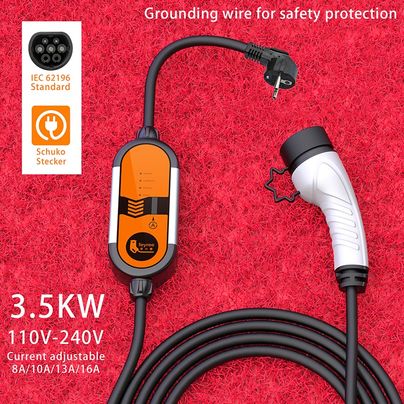 Feyree-cargador EV portátil para coche eléctrico, Cable de carga EV tipo 2, IEC62196-2, 16A, EVSE, tipo 1, SAE, J1772, controlador de enchufe europeo, Wallbox Feyree-cargador EV portátil para coche eléctrico, Cable de carga EV tipo 2, IEC62196-2, 16A, EVSE, tipo 1, SAE, J1772, controlador de enchufe europeo, Wallbox