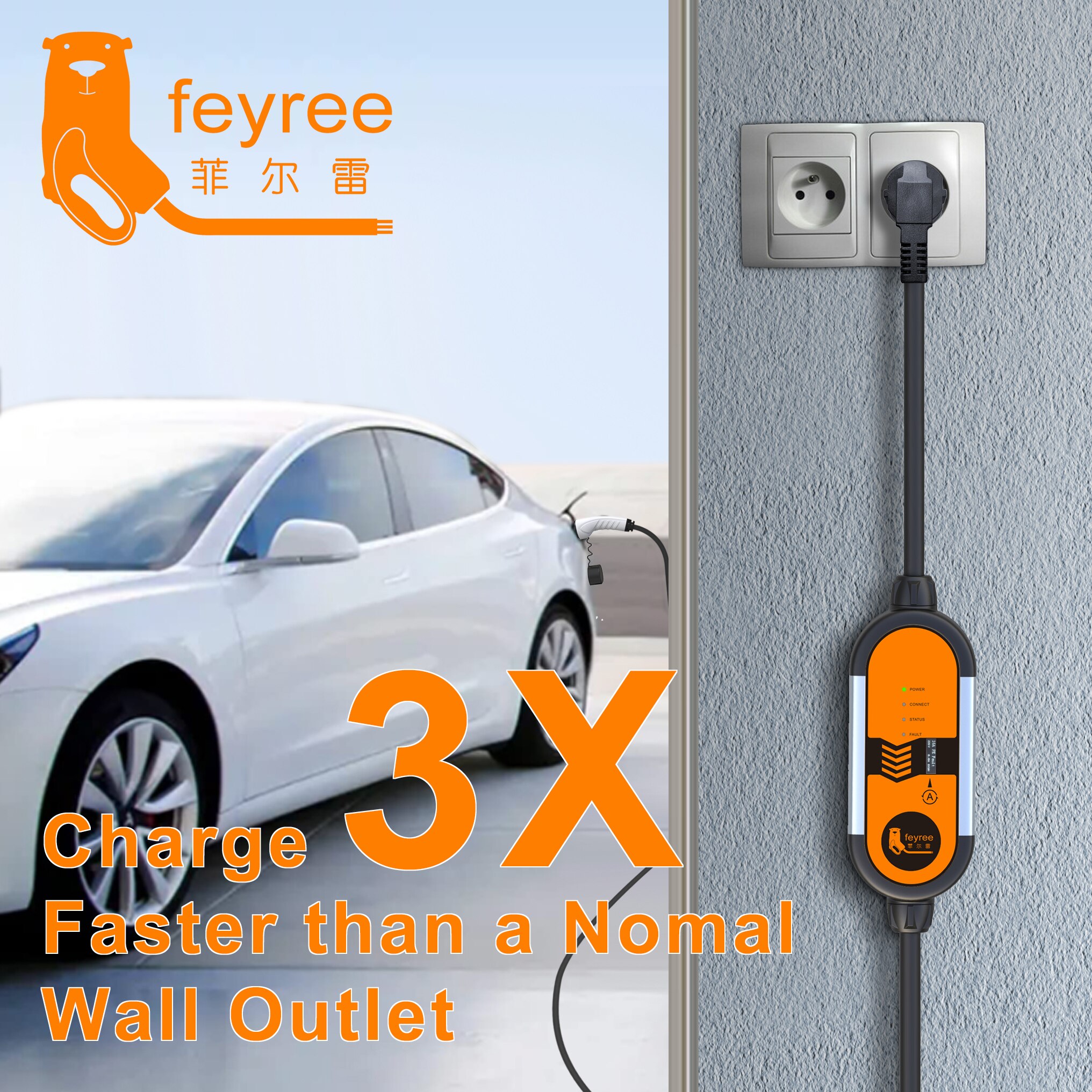 Feyree-cargador EV portátil para coche eléctrico, Cable de carga EV tipo 2, IEC62196-2, 16A, EVSE, tipo 1, SAE, J1772, controlador de enchufe europeo, Wallbox