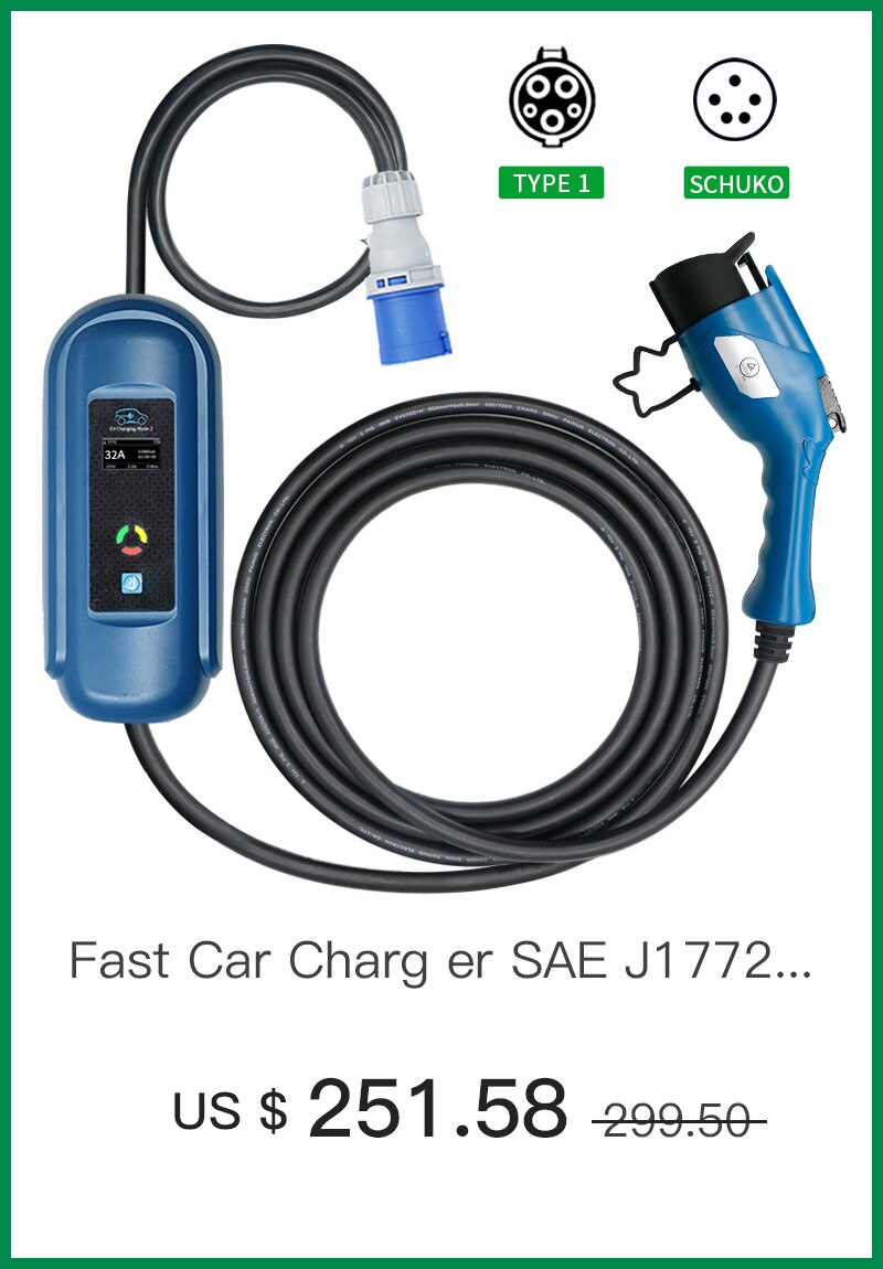 Wallbox-cargador portátil de coche eléctrico, dispositivo de carga de 16A, 3 fases, nivel 2, CA Ev, 11kw Evse, tipo 2 IEC62196, tipo 1