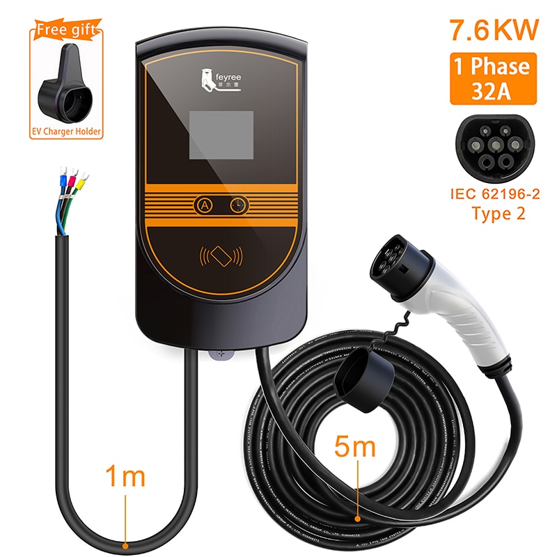 Feyree-cargador EV tipo 2, enchufe de IEC62196-2, 7,6 kW, 32A, 1 fase, con aplicación, estación de carga Wallbox, Cable de 5m, para vehículo eléctrico Feyree-cargador EV tipo 2, enchufe de IEC62196-2, 7,6 kW, 32A, 1 fase, con aplicación, estación de carga Wallbox, Cable de 5m, para vehículo eléctrico