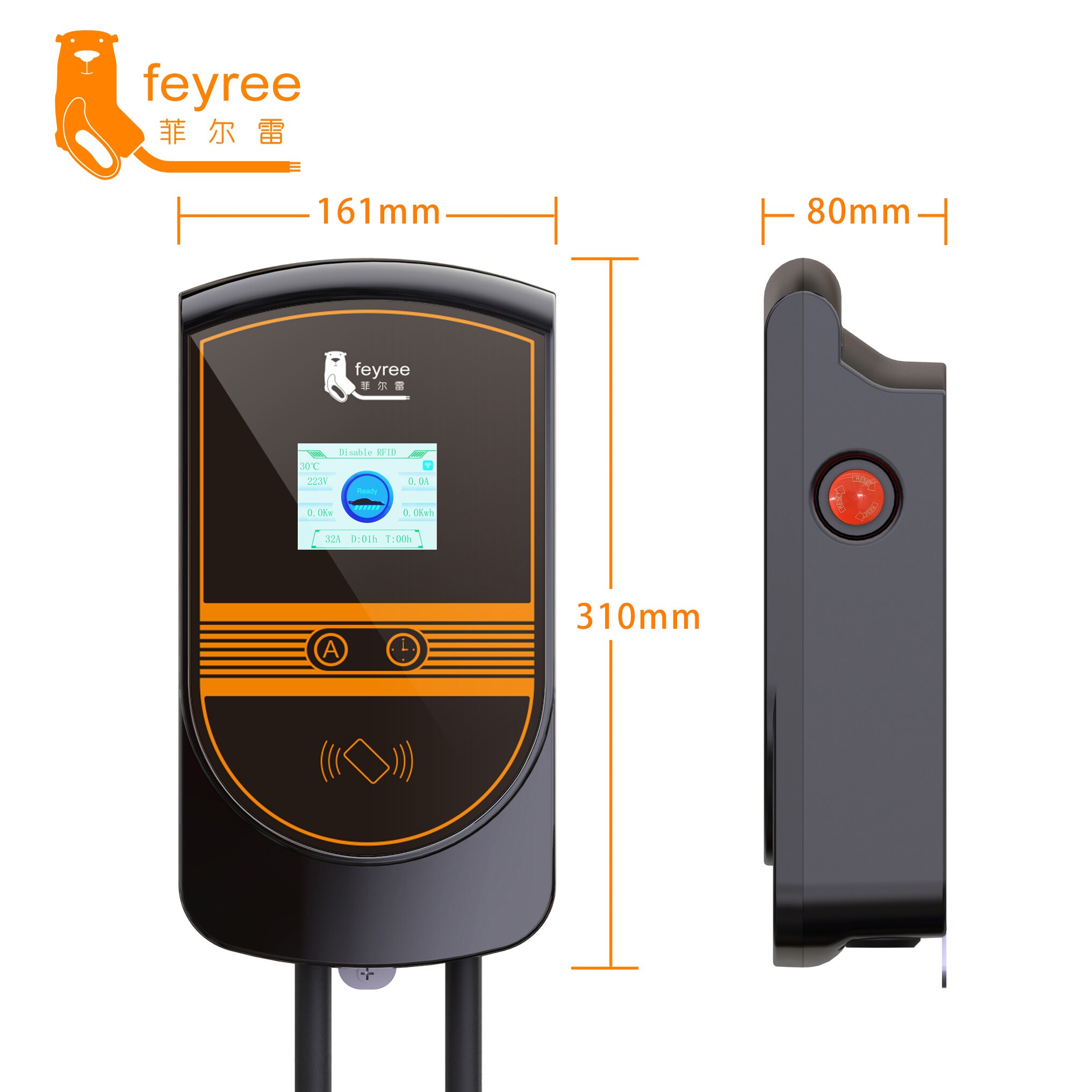 Feyree-cargador EV tipo 2, enchufe de IEC62196-2, 7,6 kW, 32A, 1 fase, con aplicación, estación de carga Wallbox, Cable de 5m, para vehículo eléctrico
