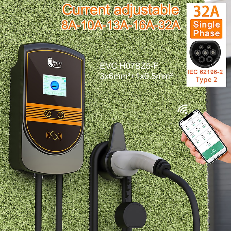 Feyree-cargador EV tipo 2, enchufe de IEC62196-2, 7,6 kW, 32A, 1 fase, con aplicación, estación de carga Wallbox, Cable de 5m, para vehículo eléctrico Feyree-cargador EV tipo 2, enchufe de IEC62196-2, 7,6 kW, 32A, 1 fase, con aplicación, estación de carga Wallbox, Cable de 5m, para vehículo eléctrico