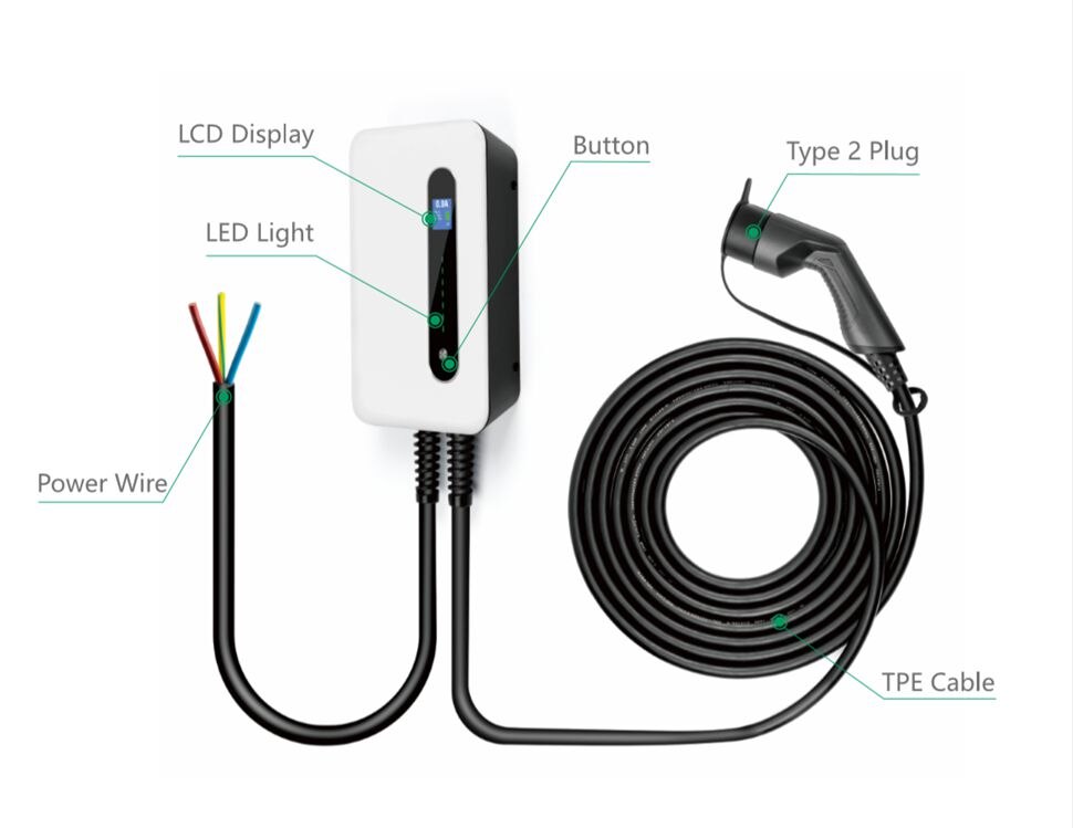Estación de carga para vehículos eléctricos, cargador de coche de 32A EVSE Wallbox EV, montado en la pared, IP66, tipo 2, Cable IEC 62196-2, nivel 2, 240V, 7,6 kW